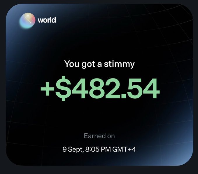 A Worldcoin notification displays a "+$482.54" reward earned on September 9 at 8:05 PM GMT+4, illustrating the post's claim about receiving a signup incentive for joining the platform and completing a small trade.