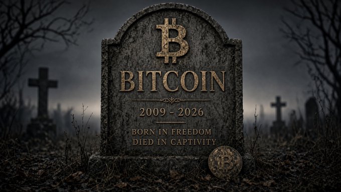 A dark, ominous tombstone memorializes Bitcoin with the dates '2009 - 2026' and the epitaph 'BORN IN FREEDOM DIED IN CAPTIVITY,' set in a gloomy graveyard with a physical Bitcoin coin resting at its base.
