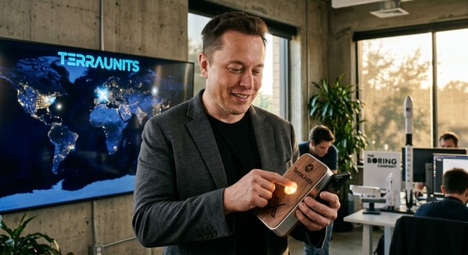A man in a grey blazer stands in an office, pointing at a glowing cryptocurrency coin labeled 'TerraCoin' while holding a phone. Behind him is a large screen displaying 'TERRAUNITS' over a world map, and another person works at a desk near a 'THE BORING COMPANY' rocket model.