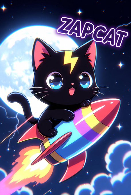 Stylized digital artwork titled 'ZAPCAT' featuring a cute black cat with blue eyes and a yellow lightning bolt on its forehead, riding a colorful rainbow rocket through a starry night sky with a full moon.