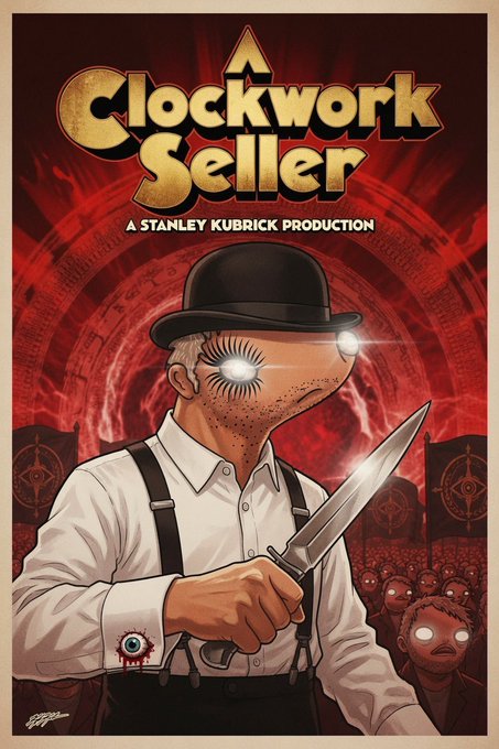 A movie poster for 'A Clockwork Seller: A Stanley Kubrick Production' depicting a man in a bowler hat with hypnotic spiral eyes holding a knife, set against a red background with a crowd and a removed eyeball on his sleeve.