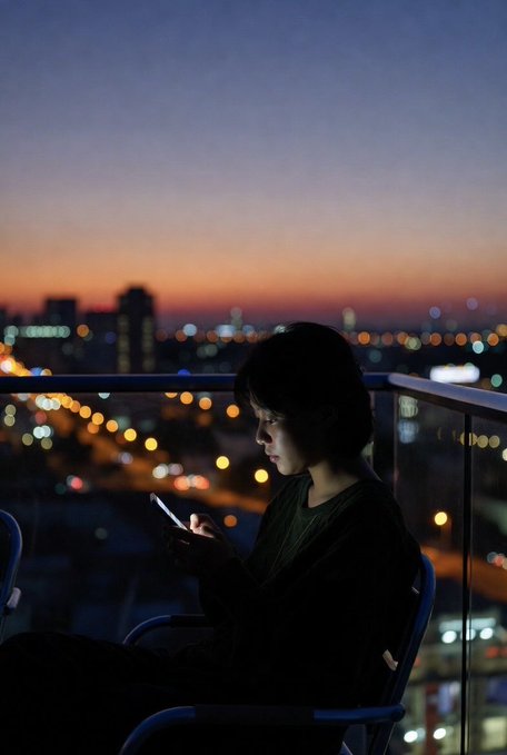 An atmospheric silhouette photo of a person looking at their glowing smartphone on a balcony at dusk, with a blurred cityscape and highway lights in the background.