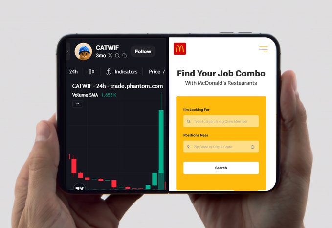 A foldable smartphone held in two hands displays a split screen, showing a candlestick chart for 'CATWIF' on Dexscreener (3mo, 24h) on the left and a McDonald's 'Find Your Job Combo' recruitment page on the right.