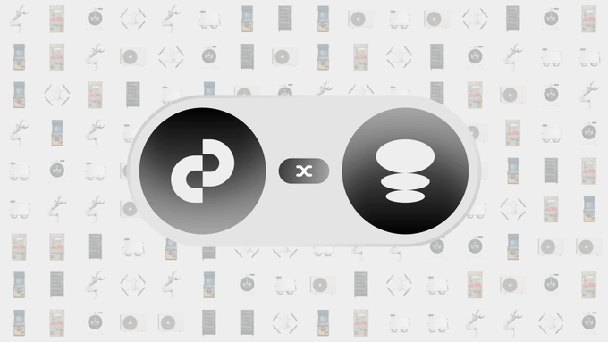 A grayscale illustration showing a Chainlink (LINK) logo connected to a Stack (STX) logo, set against a patterned background of various crypto and finance-related icons.