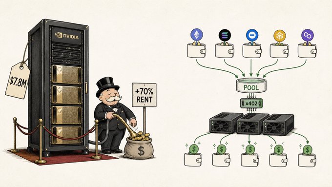 An illustration depicting NVIDIA GPU rental economics, showing an Nvidia server rack priced at $7.8M with a +70% rent increase, alongside a diagram of crypto pools distributing payments to wallets.