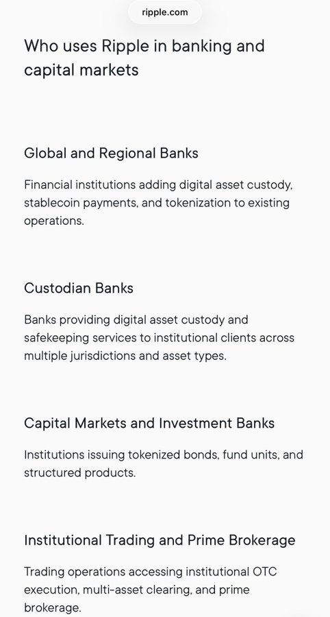 A mobile-style webpage from ripple.com titled "Who uses Ripple in banking and capital markets," listing four categories: Global and Regional Banks, Custodian Banks, Capital Markets and Investment Banks, and Institutional Trading and Prime Brokerage—illustrating the tweet's claim that banks across multiple sectors utilize Ripple and the XRP Ledger ($XRP).