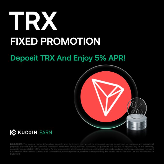 A KuCoin Earn promotional graphic advertises a TRX Fixed Promotion offering 5% APR on deposits, featuring the red TRX (Tron) logo alongside stacked coins with a percent symbol, set against a black background with white and green text. The image visually supports the post's announcement about the 90-day TRX fixed product by highlighting the 5% APR rate and deadline of September 13.