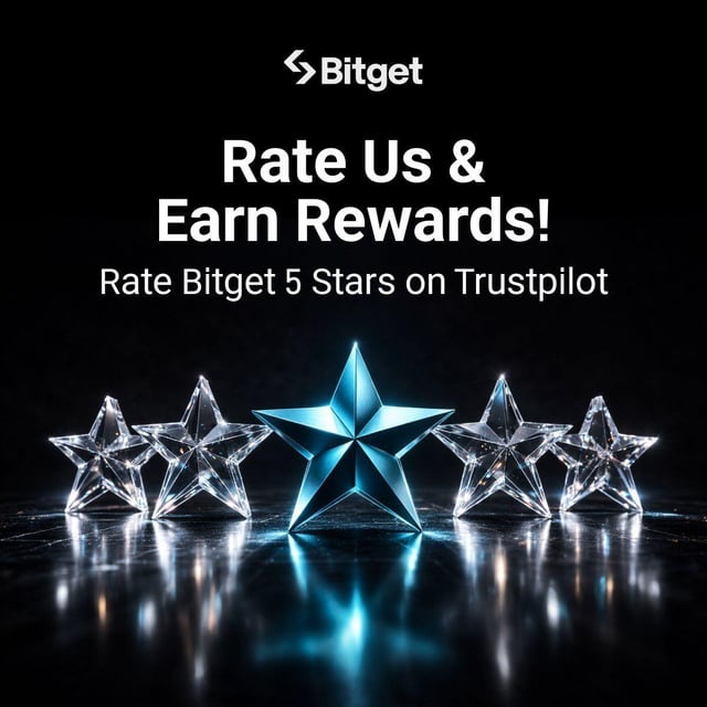 The image features a group of five clear glass stars, each with a blue star at its center. The text "Rate US & Earn Rewards!" is displayed above the stars, indicating that users can rate Bitget on Trustpilot for a chance to win 800 dollars in weekly rewards.