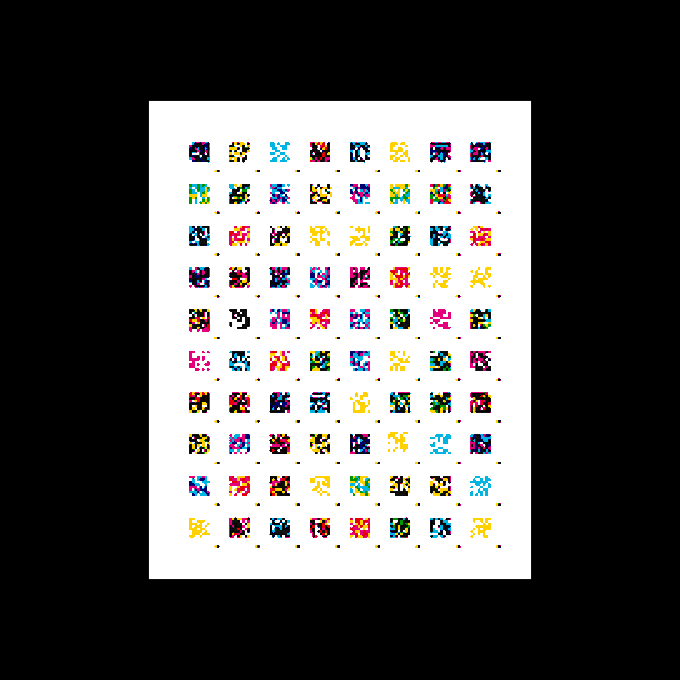 A grid of colorful, small pixel art characters, each labeled with a unique trait and codename.