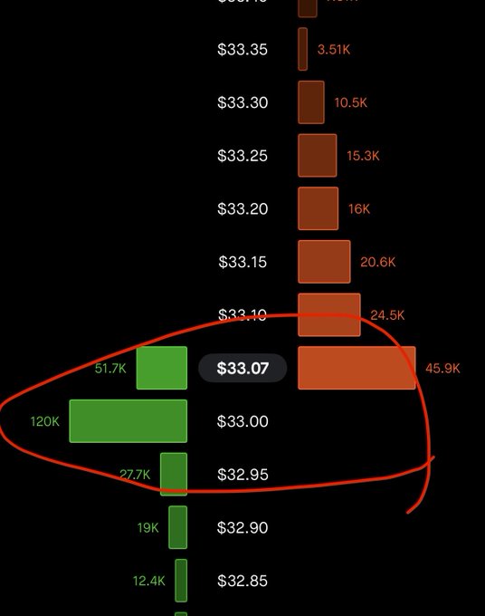 An order book chart with a red hand-drawn circle highlighting green buy orders at $33.00 (120K) and $32.95 (27.7K) alongside red sell orders.
