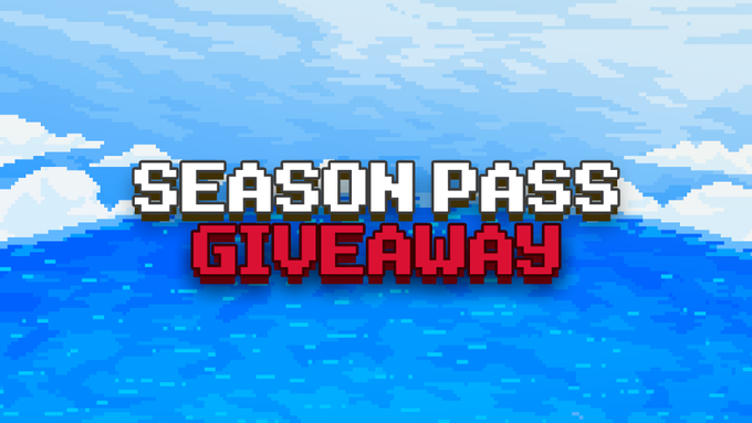 A pixel art graphic showing a blue sky and ocean background with the text 'SEASON PASS GIVEAWAY' in white and red blocky font.
