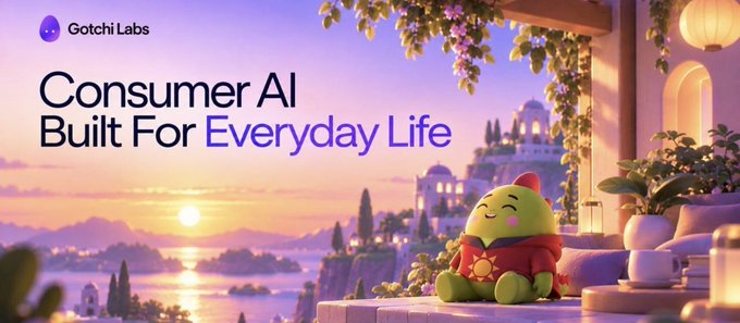 A serene Gotchi Labs advertisement shows the green mascot resting by a coastal view at sunset, with the text 'Consumer AI Built For Everyday Life'.