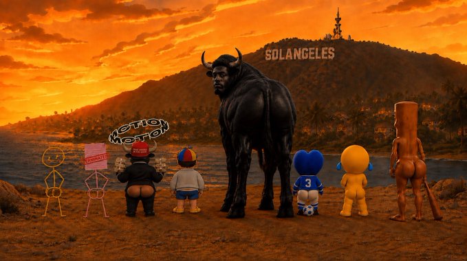 A collection of characters, including a bull and meme-like figures, stand before a sunset with the "SOLANGELES" sign in the background, mirroring the "GENERATIONAL BOTTOM" theme of the accompanying post about Solana memes.