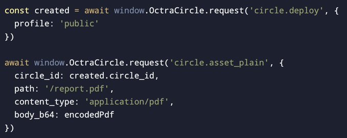 A code snippet showing Octra Circle API calls that deploy a circle with a 'public' profile and upload a PDF asset to it via base64 encoding, illustrating the nested circle generation feature mentioned in the post.
