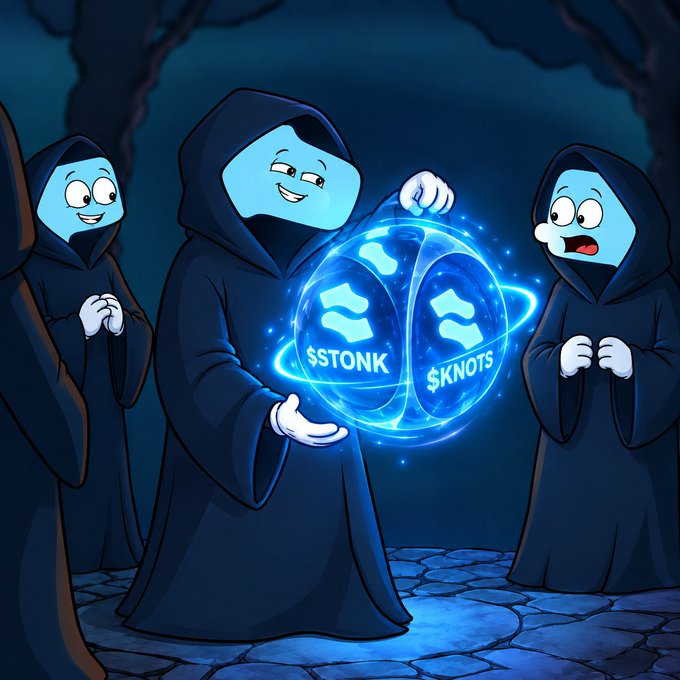 A cartoon illustration showing three hooded, light-blue-faced figures looking at a glowing blue spherical token that displays "$STONK" and "$KNOTS".