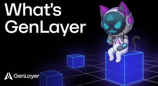 The image shows a cartoon cat wearing a spacesuit, sitting atop three blue cubes with numbers on them. The caption of the image reads "What's Genlayer".