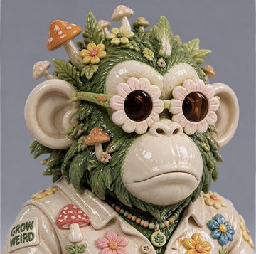 A whimsical ceramic monkey figurine features a green leafy beard, flower-shaped sunglasses, and small mushrooms on its head, wearing a shirt that says 'GROW WEIRD'.