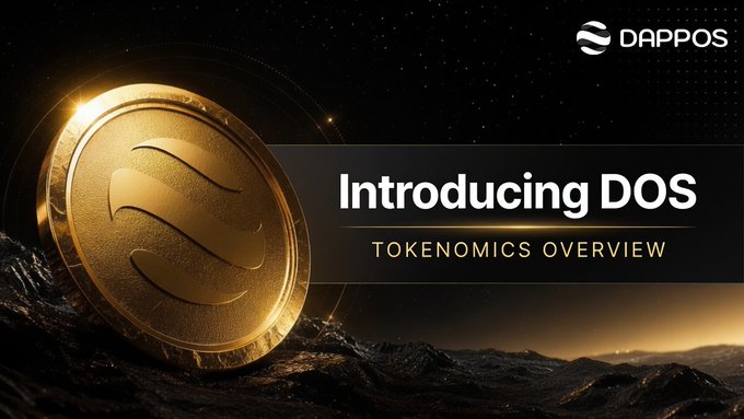 A promotional graphic for DappOS introducing their DOS token, featuring a gold coin with the DappOS logo and the text 'Introducing DOS - TOKENOMICS OVERVIEW' against a dark starry background.