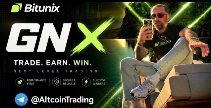 A promotional advertisement for Bitunix featuring the text "GNX," "TRADE. EARN. WIN. NEXT LEVEL TRADING," and "@AltcoinTrading," alongside an image of a tattooed man in sunglasses and a Bitunix shirt holding up a phone. The ad complements the post's "GN" (good night) crypto message by reinforcing the Bitunix brand as the context for the night-time trading reminder.