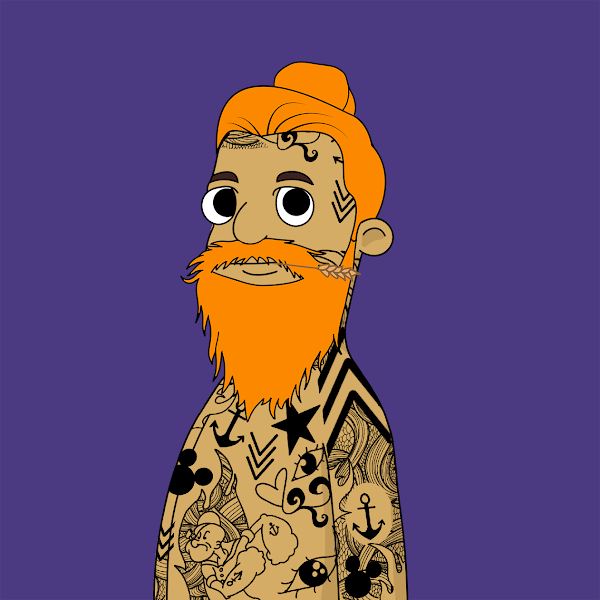 An illustrated character with an orange beard and topknot, shirtless and covered in various tattoos, on a purple background.