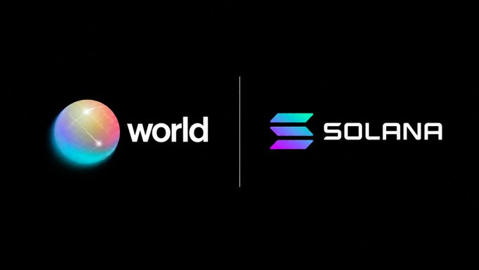 A dark image showing the 'world' logo with a colorful orb next to the 'SOLANA' logo, separated by a vertical line.