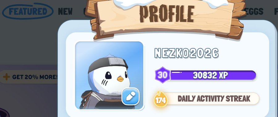 A game profile screen for user 'NEZKO2026' at level 30 with 30,832 XP and a 174-day activity streak, featuring a cartoon ninja penguin avatar.