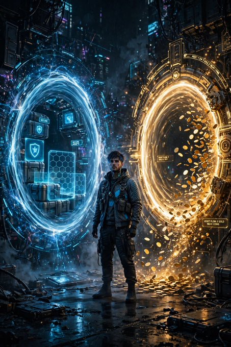 A sci-fi digital artwork of a man standing between two glowing portals—one blue with shield/security icons and one orange emitting gold coins—suggesting a choice between security and wealth.