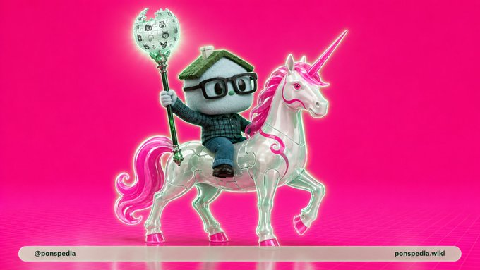A pixel-art character wearing glasses rides a translucent pink unicorn while holding a glowing globe-topped staff against a vivid magenta background, visually embodying the "enlightenment" and "new era" referenced in the post about Pons V2. The image is watermarked "@ponspedia" and "ponspedia.wiki."