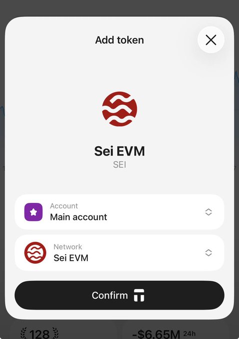 A "Confirm" dialog for adding the Sei EVM (SEI) token to the "Main account" on the Sei EVM network. The image relates to the post by illustrating the process of adding Sei EVM tokens to a wallet following SEI's transition from Cosmos to EVM infrastructure.