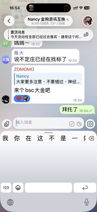 A screenshot of a Chinese chat application (likely Telegram) showing a group chat discussing cryptocurrency trading, with messages mentioning BTC and BSC, and one message reading '来个大金吧'.