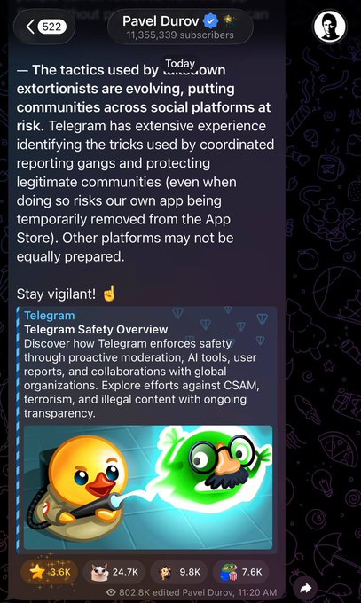 A screenshot of Pavel Durov's Telegram channel (showing 11,365,339 subscribers) featuring a post about evolving extortionist tactics on social platforms, alongside a Telegram Safety Overview preview with a 3.6K reactions, 24.7K views, 9.8K shares, and 7.6K comments, posted at 11:20 AM.