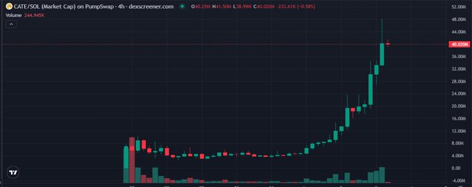 A TradingView chart of CATE / SOL showing a parabolic price surge to approximately 41.99M with a 212.61% gain and -0.58% change, volume at 244.34K.