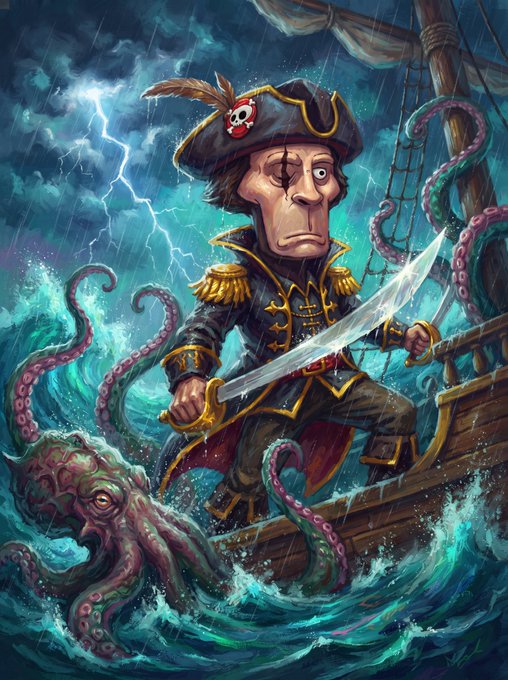 A digital illustration of a pirate with an eyepatch and feathered hat wielding a sword on a ship, battling a giant kraken tentacled monster in a stormy sea with lightning.