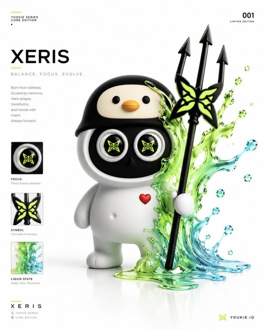 The image features a white figurine with black wings, holding a green sword and surrounded by water droplets that are colored blue and green. The text of the image reads "Xeris", which could be a reference to the character from the video game series "Xeris". The post also mentions that the character is a penguin wearing glasses and has a heart on its chest, suggesting it might be related to the game or the character.