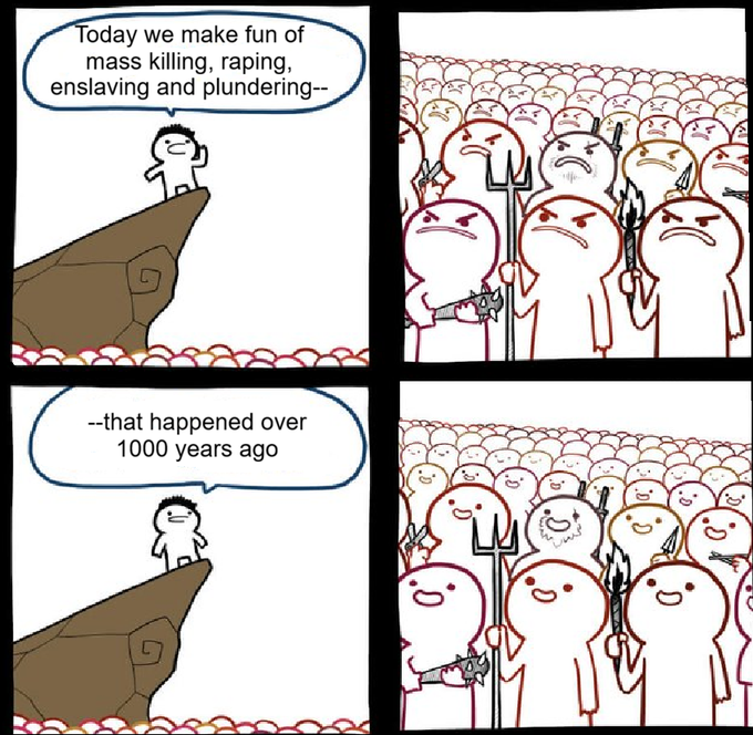 A four-panel comic strip showing a speaker on a cliff addressing a crowd of angry figures with pitchforks and weapons, who become friendly after the speaker says the past actions happened over 1000 years ago.