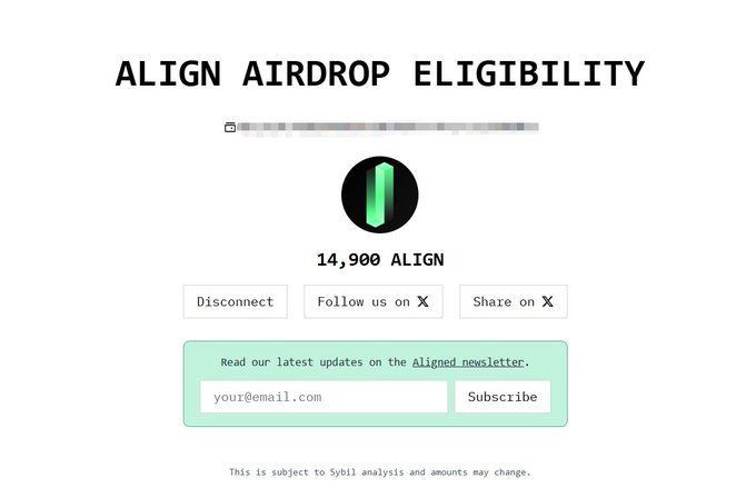 The image shows an "ALIGN AIRDROP ELIGIBILITY" page displaying an allocation of 14,900 ALIGN tokens with a blurred wallet address, connecting to the post's announcement about Aligned's $ALIGN token airdrop claim scheduled for 23:00 and CEX listings on Bitget, KuCoin, and Gate.