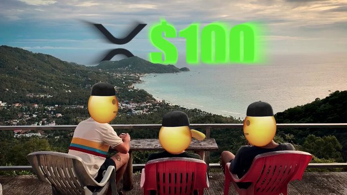 Three figures with glowing emoji faces wearing caps sit in plastic chairs overlooking a scenic coastal view, with a green "X $100" graphic displayed above them. The image visually represents the post's bullish prediction that a $1 investment in XRP today will grow to $100 by 2030, suggesting a relaxed, optimistic future for the cryptocurrency.