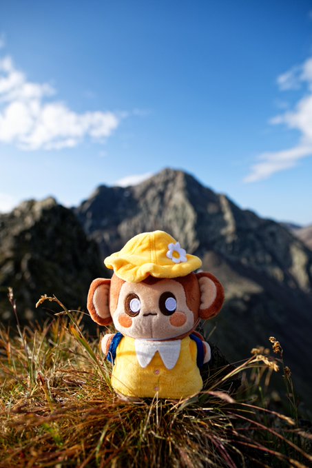 A plush toy monkey wearing a yellow hat and outfit sits in grass with a mountain and blue sky in the background.