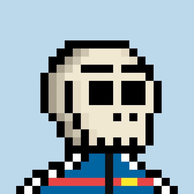 A pixel art illustration of a skull-faced character with a wide grin wearing a blue jacket with red trim against a light blue background.