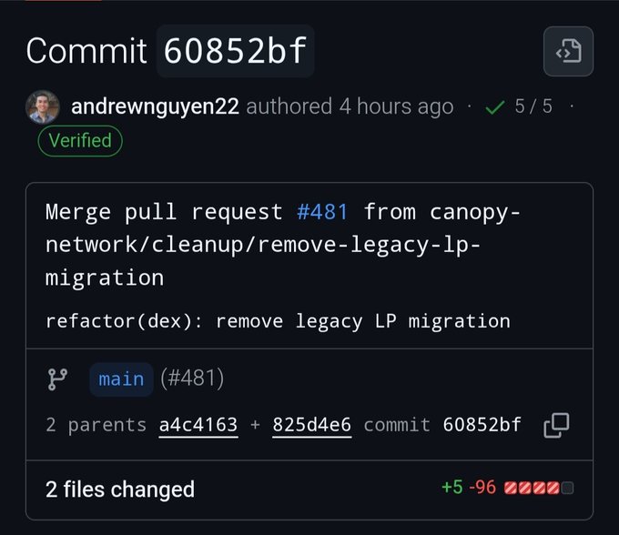 A GitHub commit page showing user 'andrewnguyen22' merging pull request #481 ('refactor(dex): remove legacy LP migration') into the main branch, with 2 files changed.