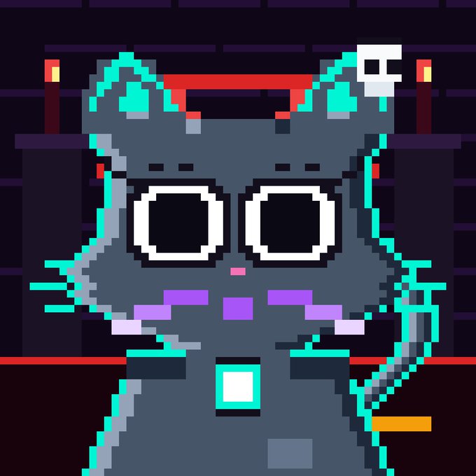 A pixel art character depicting a gray cat-like figure with large round eyes, wearing a cape, and holding a sword, set against a dark brick wall background.