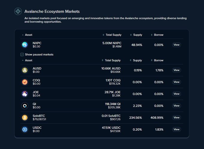 The image shows a screenshot of an Avalanche Ecosystem Market dashboard displaying the current trading prices (including cryptocurrency), various asset classes such as Bitcoin (with its respective token values), leverage, and the lending market. The text on the screen emphasizes that Benqi is streamlining isolated avalanche ecosystem markets to focus their resources on the core lending market and liquid staking opportunities. In this case, the image does not provide enough context or information about Benqi's actions in relation to the specific asset classes shown.