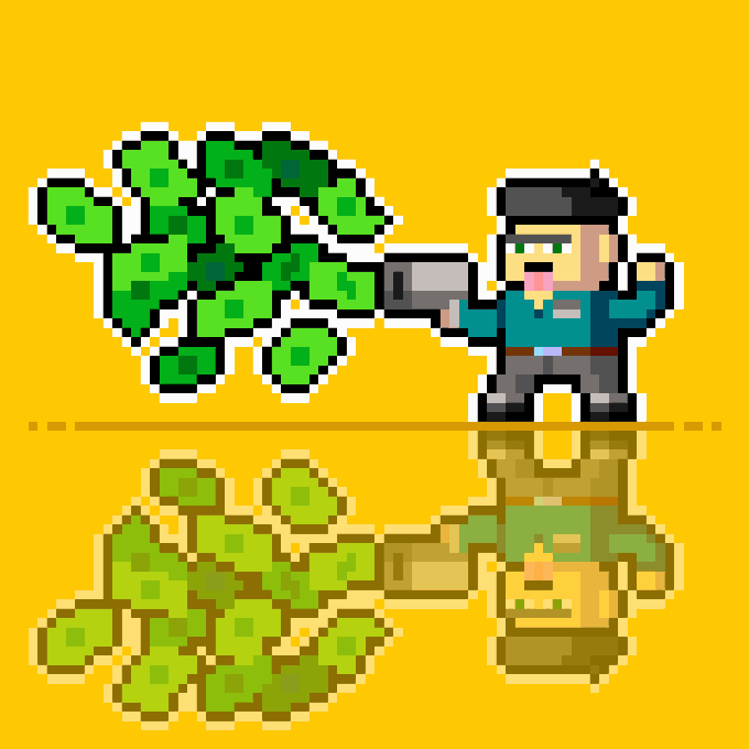 Pixel art on a yellow background showing two character sprites spraying green paint or gas, with the bottom version appearing inverted or negative.