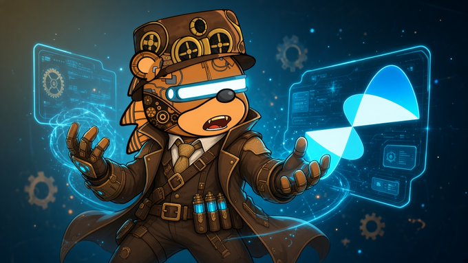 A steampunk-styled anthropomorphic character wearing goggles, a top hat, and a trench coat gestures toward glowing holographic interfaces displaying technical diagrams and gear motifs, visually complementing the post's discussion of Quip Network's ($QUIP) series on quantum advantage. The futuristic-tech aesthetic reinforces the theme of exploring practical quantum concepts.