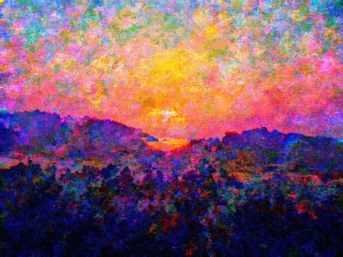 An impressionistic painting depicts a vibrant sunset with a glowing yellow sun radiating pink, orange, and purple hues over a dark, textured landscape.
