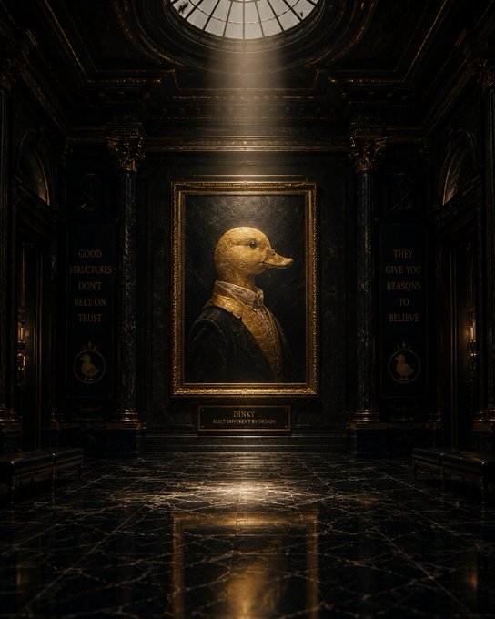A dark, ornate room featuring a framed portrait of a figure with a golden duck head wearing a suit, illuminated by a beam of light from a circular window above, with text on the side walls reading 'GOOD STRUCTURES DON'T RELY ON TRUST' and 'THEY GIVE YOU REASONS TO BELIEVE'.
