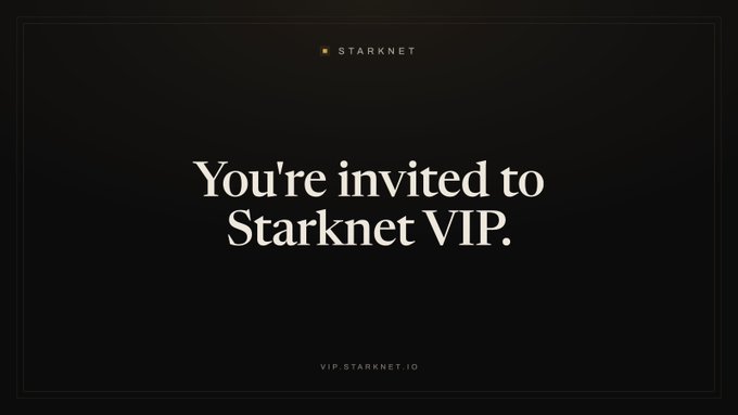 A sleek black promotional banner featuring the Starknet logo at the top, with elegant cream-colored text reading "You're invited to Starknet VIP." and the URL "VIP.STARKNET.IO" displayed at the bottom. The minimalist design aligns with the accompanying post announcing the launch of the Starknet VIP Program for STRK and strkBTC holders.
