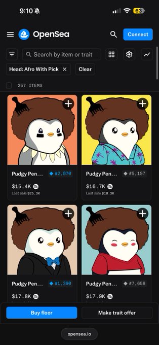 An OpenSea mobile app screenshot displaying Pudgy Penguins NFT listings filtered by 'Afro With Pick' head trait, showing prices ranging from $15.4K to $17.9K.