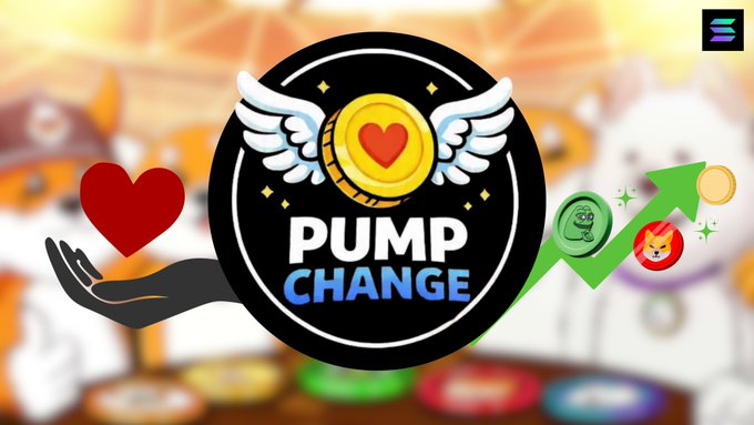 A logo for 'PUMP CHANGE' featuring a winged gold coin with a heart, a hand holding a red heart, and a green upward arrow with a Shiba Inu dog coin and a green Solana logo, set against a blurred background.