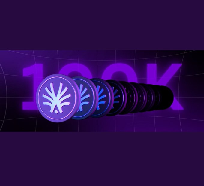 A 3D-rendered graphic showing a row of purple crypto coins with a tree emblem disappearing into a tunnel, with "100X" displayed in large purple text in the background.